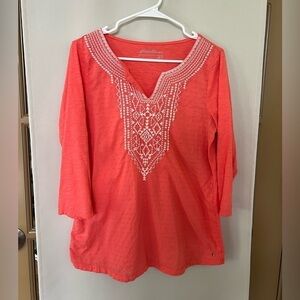 Eddie Bauer‎ Womens Medium Pink White 3/4 Sleeve
Embroidered Blouse Top